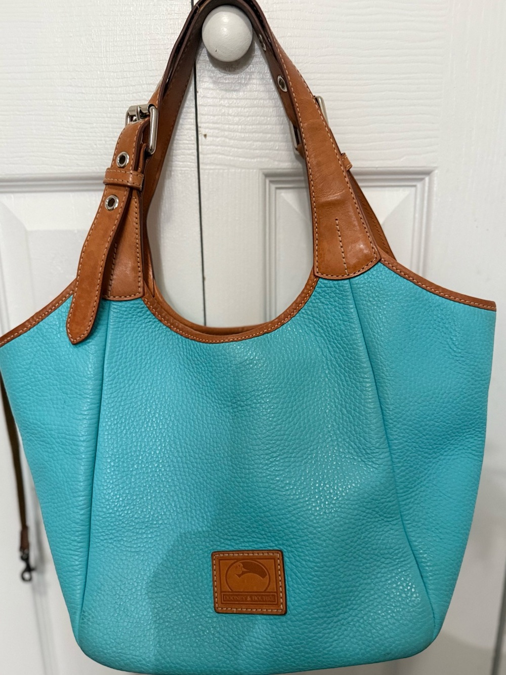 Dooney & Bourke Turquoise Pebbled Leather Tote with Tan Trim